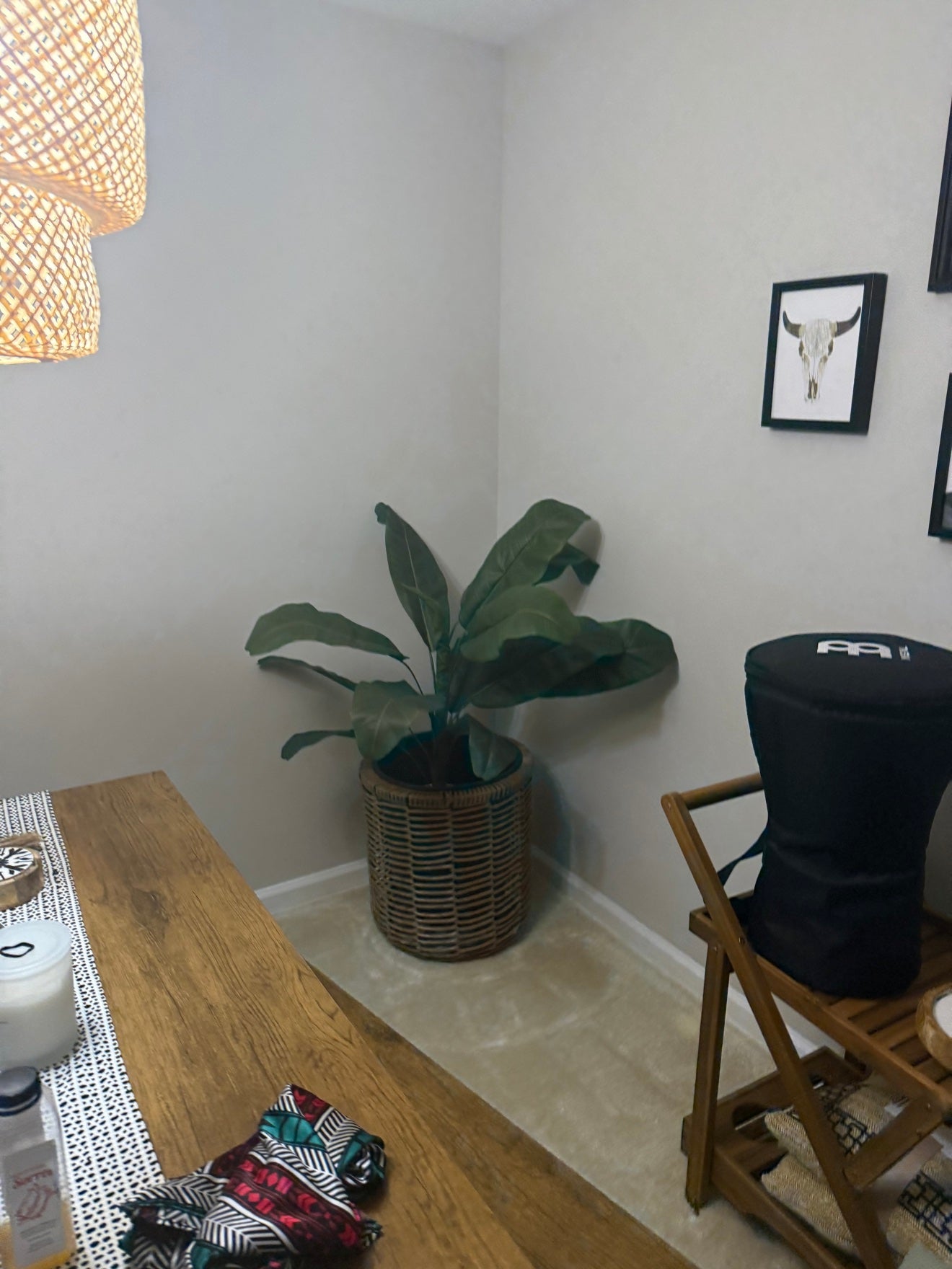 Rattan pendant, leafy plant, and woven planter styled in Erica's home
