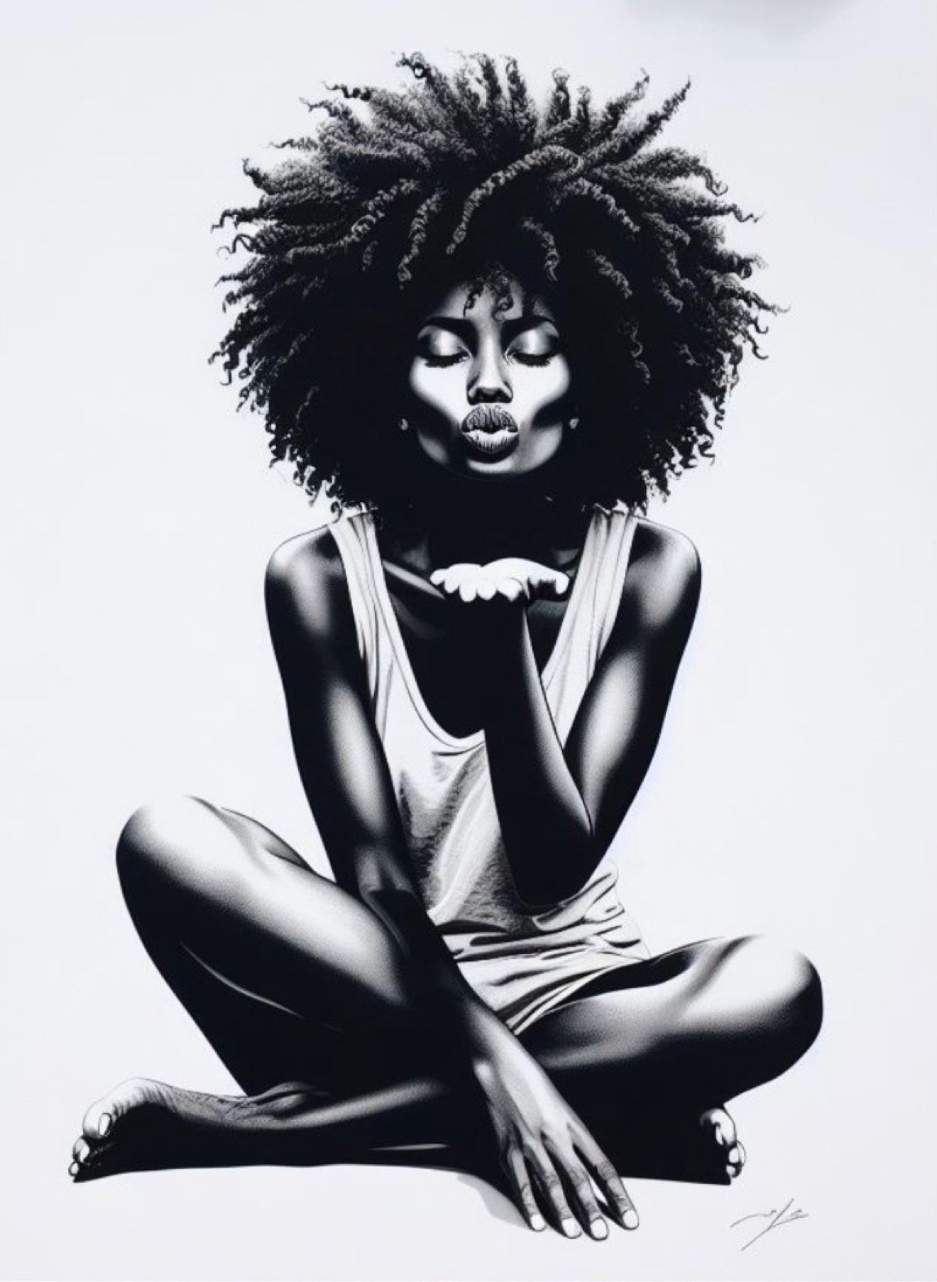 Black-and-white artwork of a seated woman with a natural afro blowing a kiss