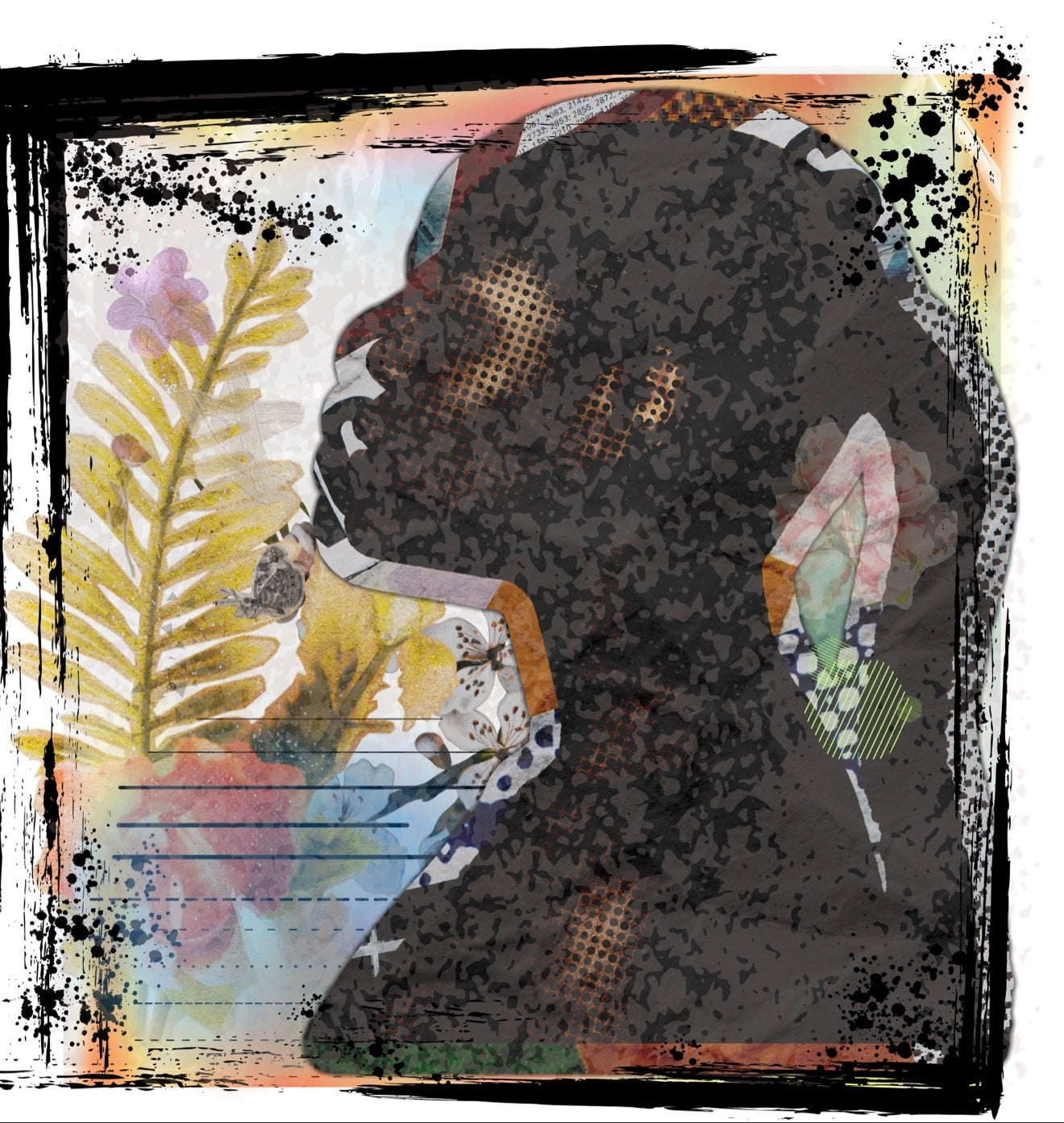 Mixed-media silhouette profile with florals, pattern, and paint splatter