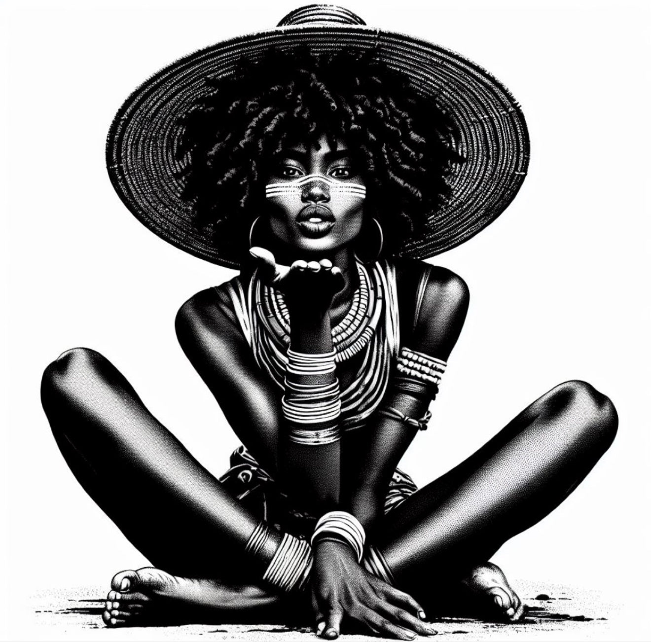 Black-and-white artwork of a woman in a large straw hat and layered jewelry blowing a kiss