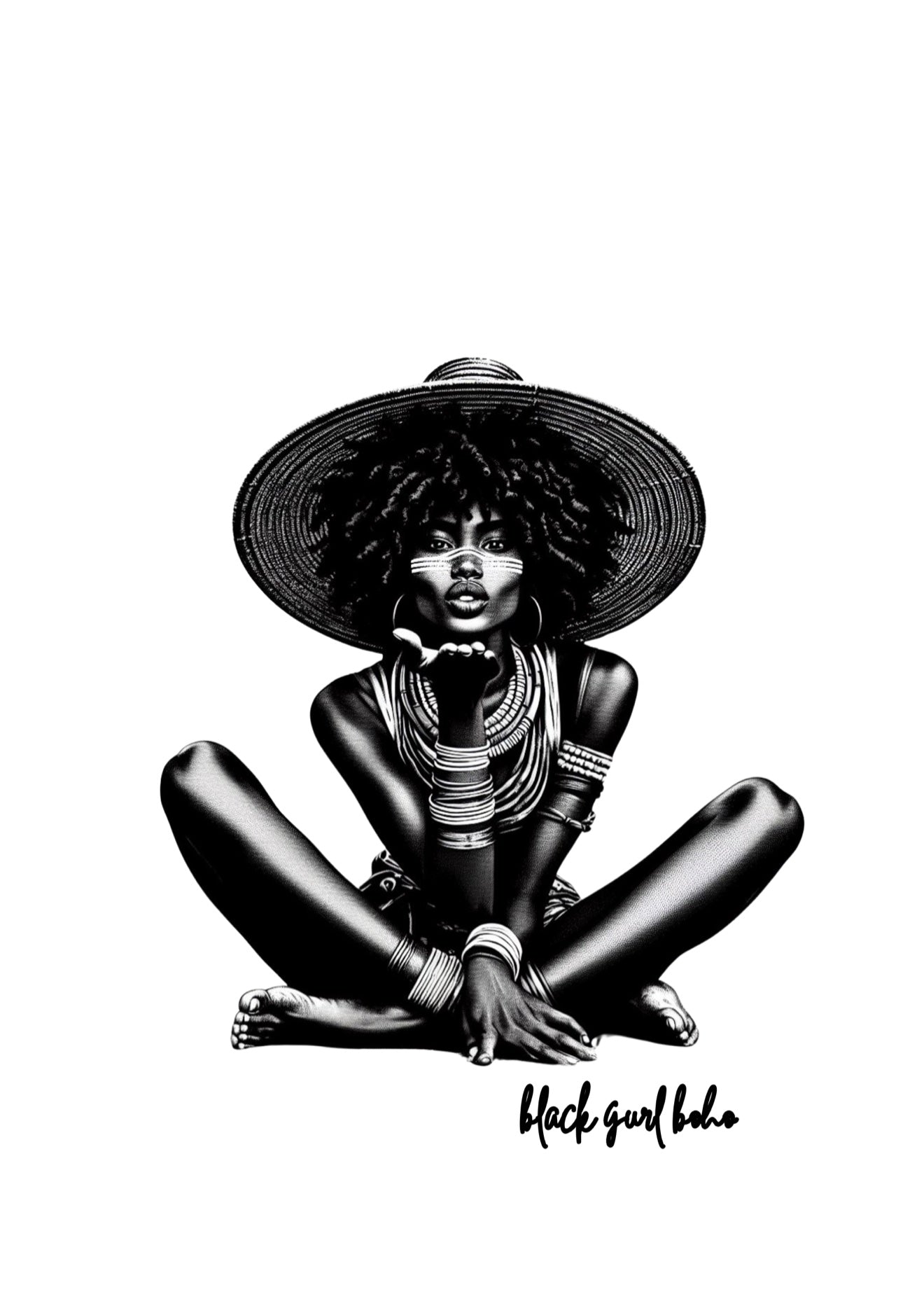 Black-and-white artwork of a seated woman in a wide hat blowing a kiss
