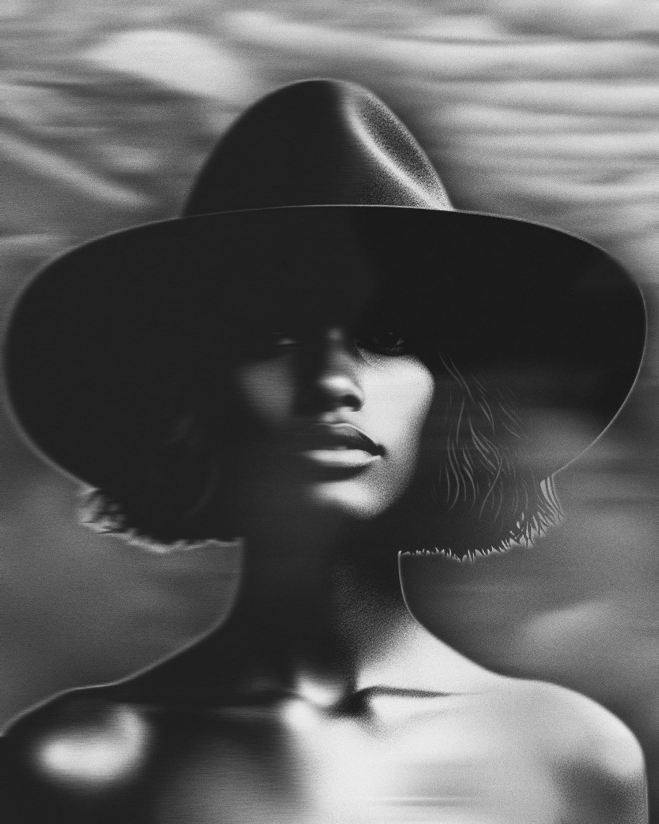 Dramatic black-and-white portrait artwork of a woman in a wide-brim hat