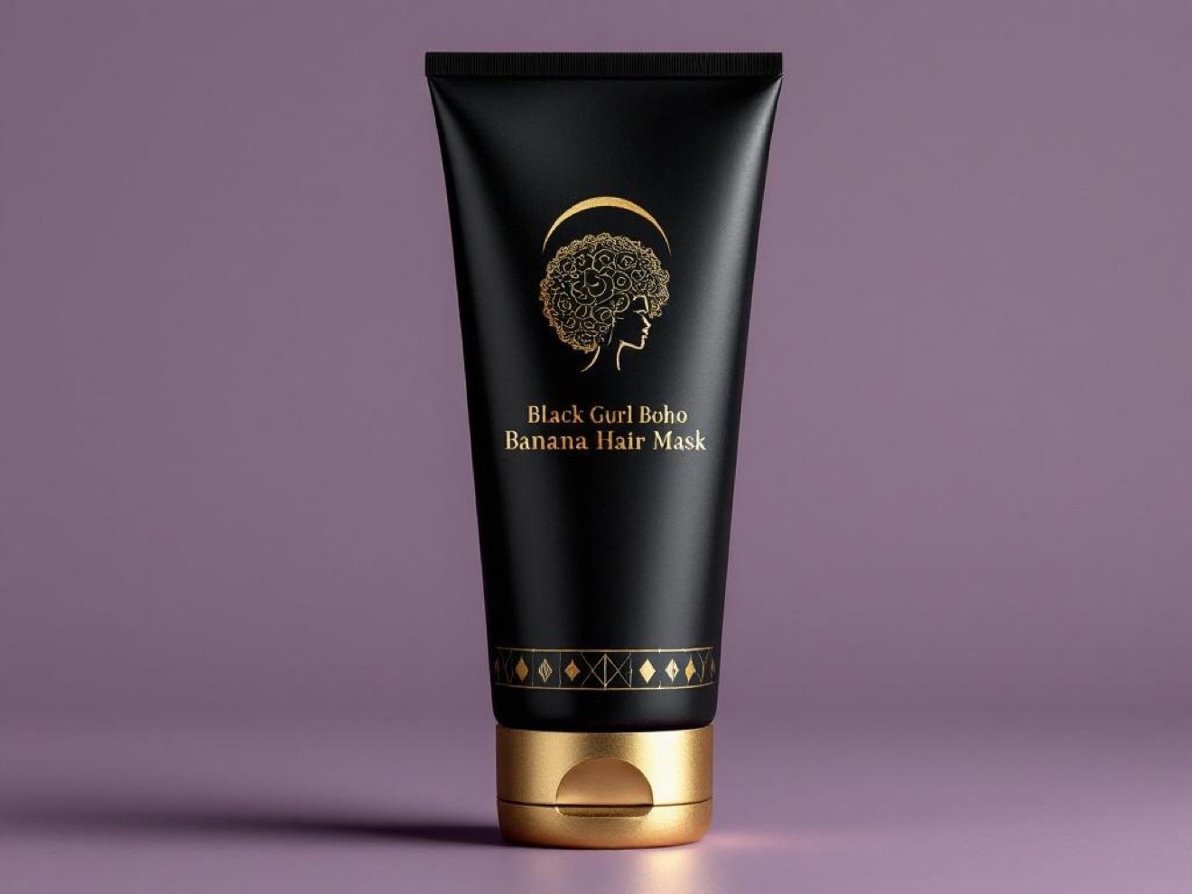 Design mockup preview of a black and gold banana hair mask tube