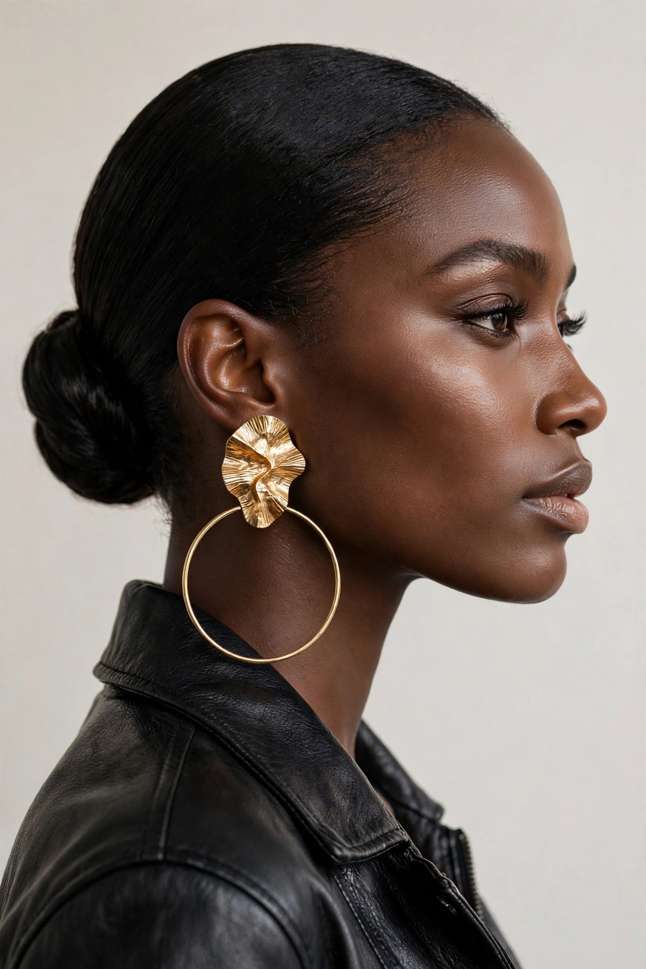Black woman wearing sculptural gold statement earrings