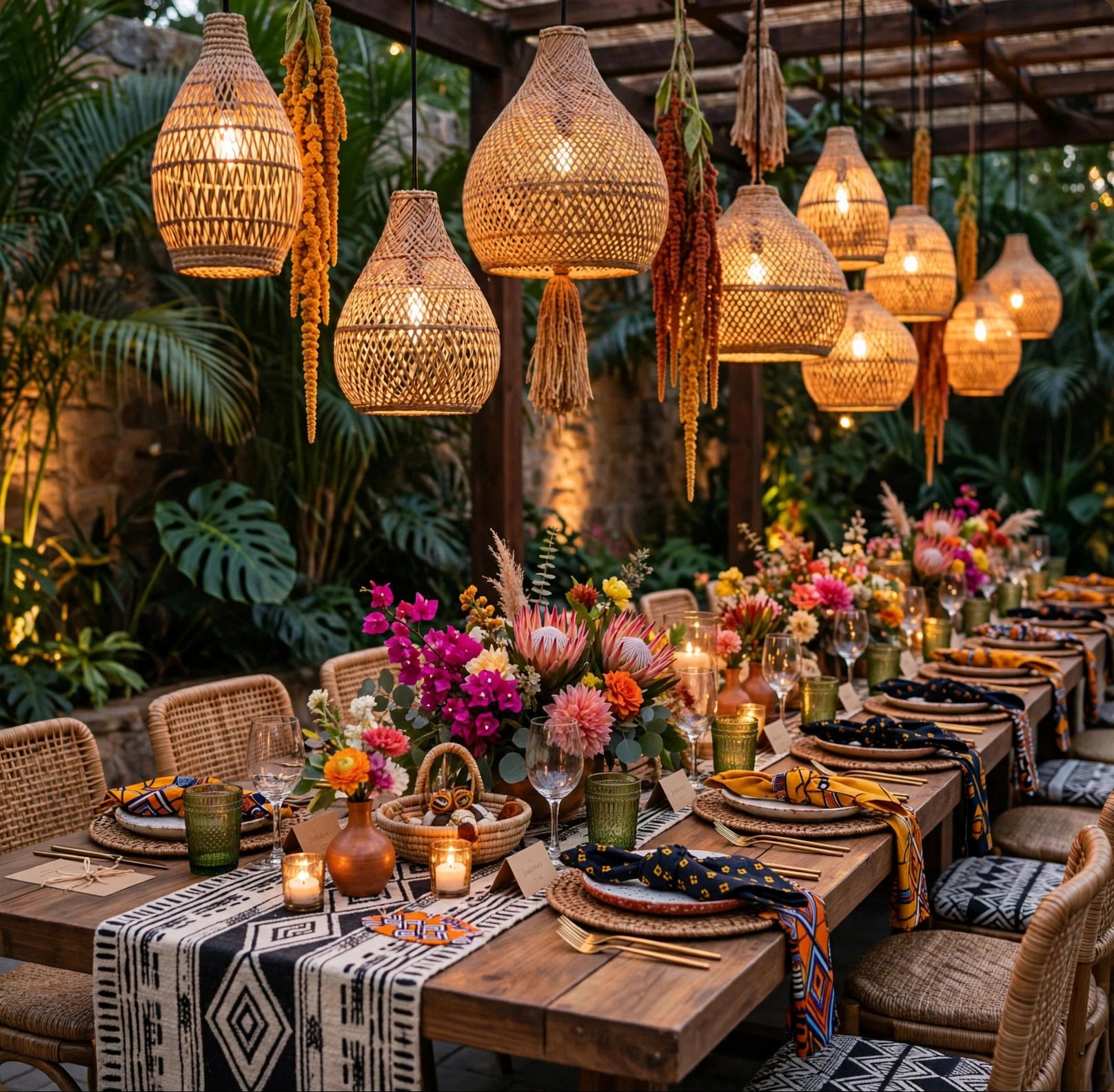 Tropical garden tablescape with woven rattan pendant lights, abundant florals, candlelight, and African textile accents