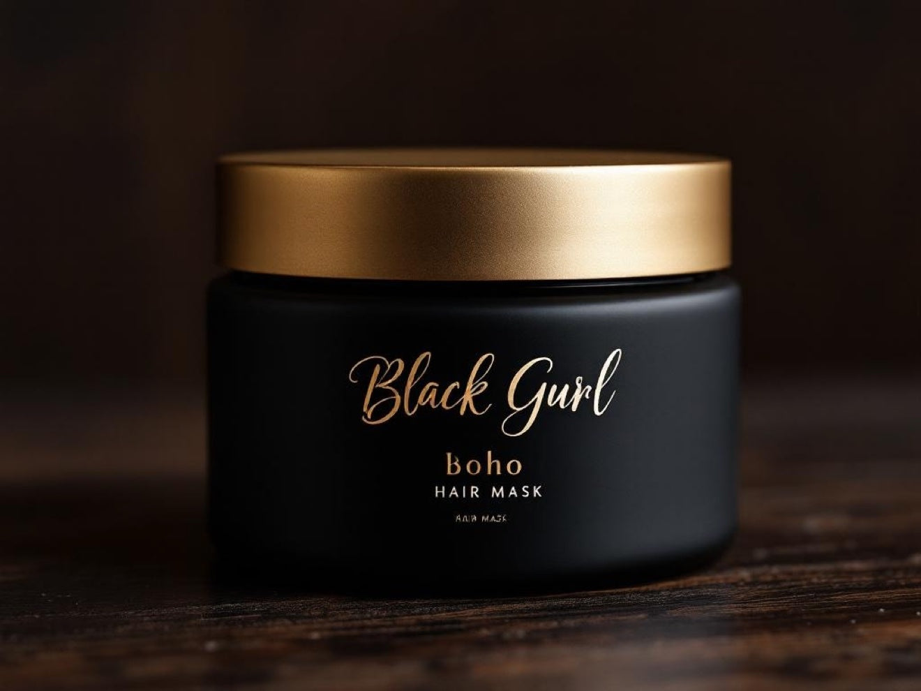 Design mockup preview of a black and gold Black Gurl Boho hair mask jar