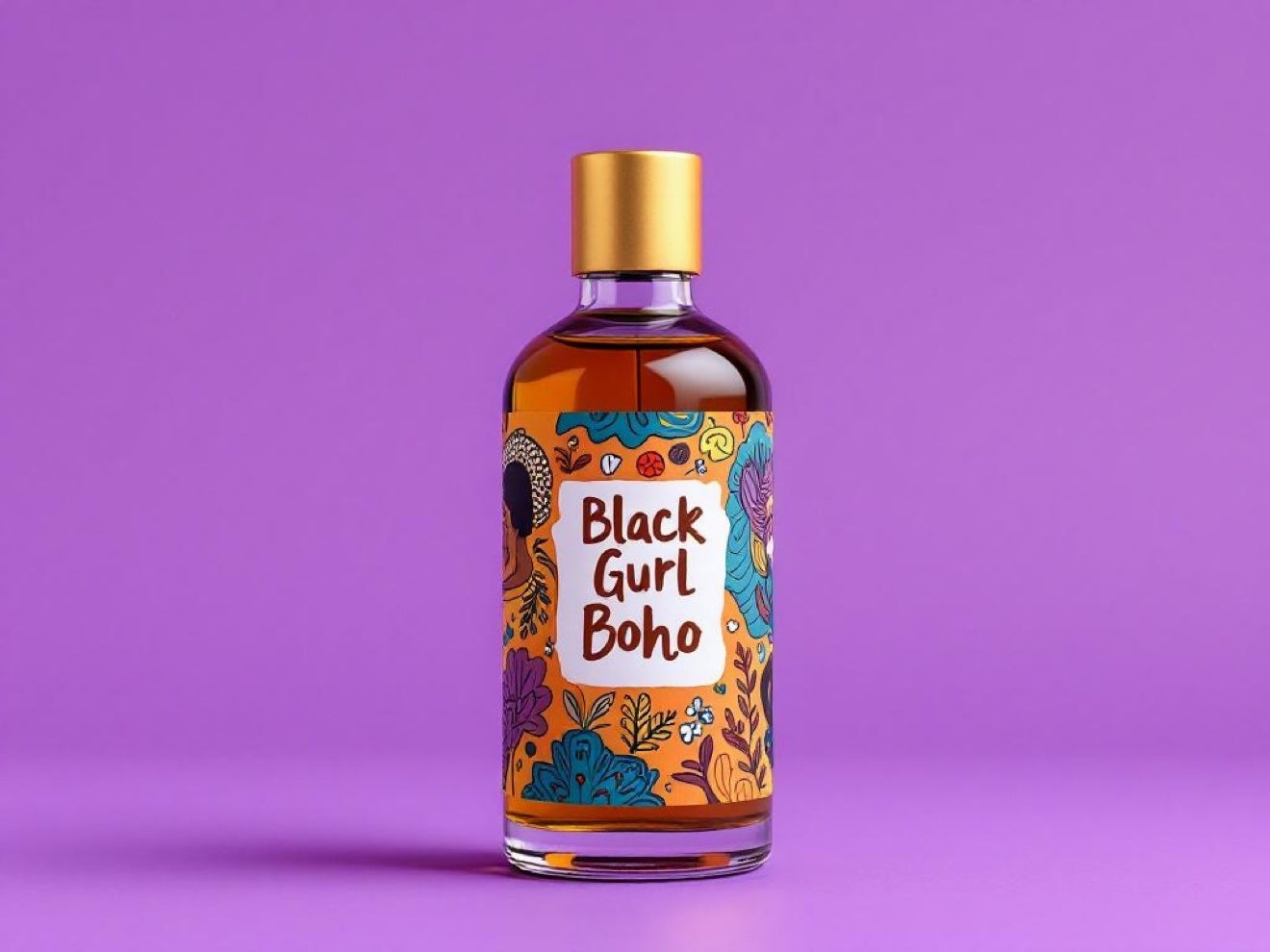 Design mockup preview of Black Gurl Boho hair oil packaging