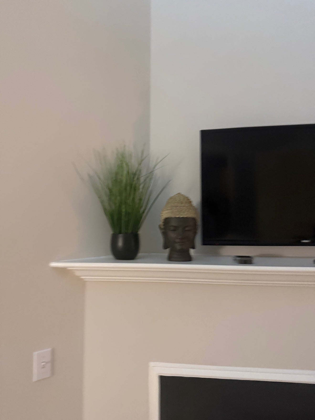 Sculptural head and plants styled on Erica's mantel