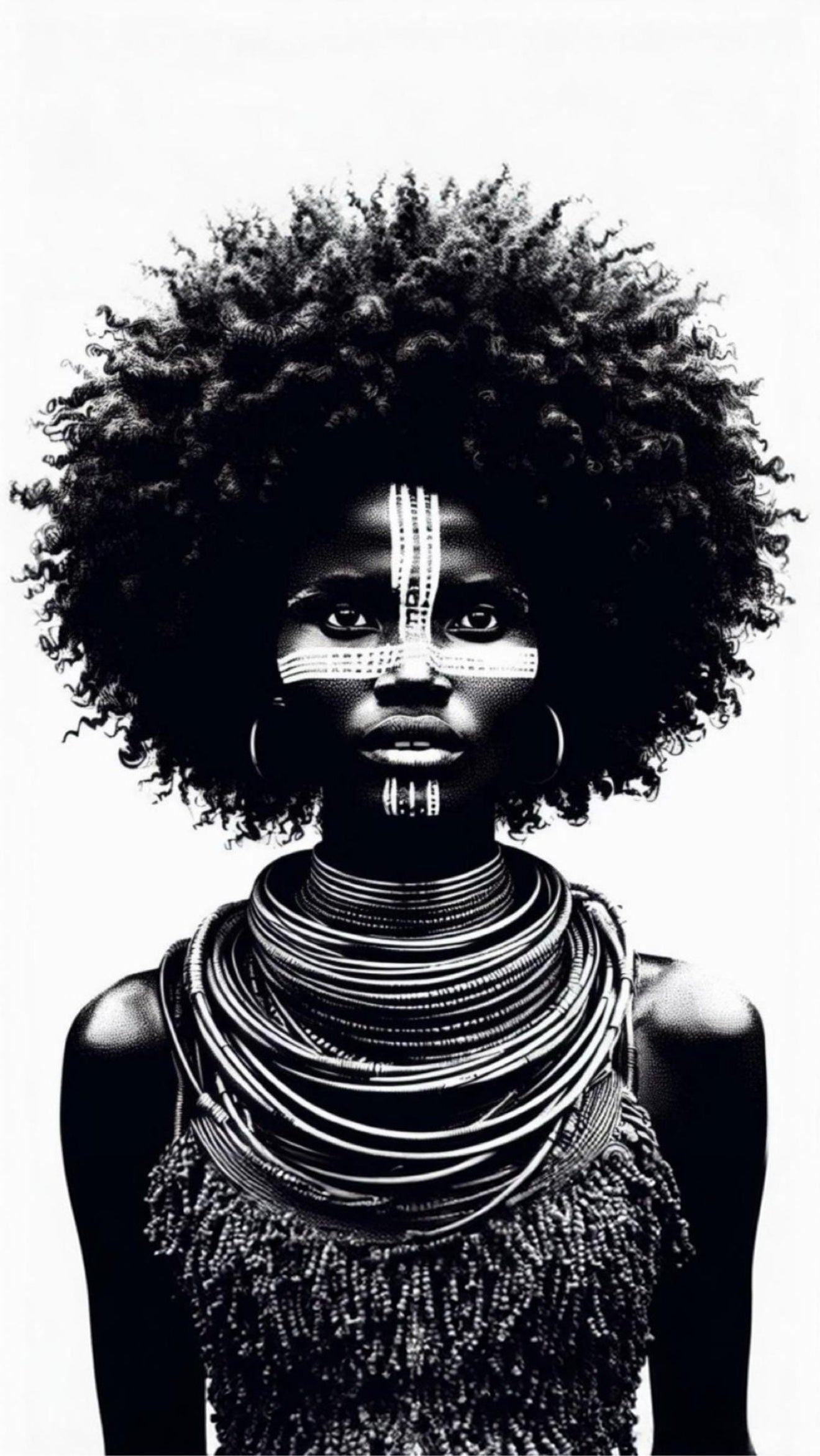 Black-and-white portrait artwork with a natural afro, face markings, and layered neck rings