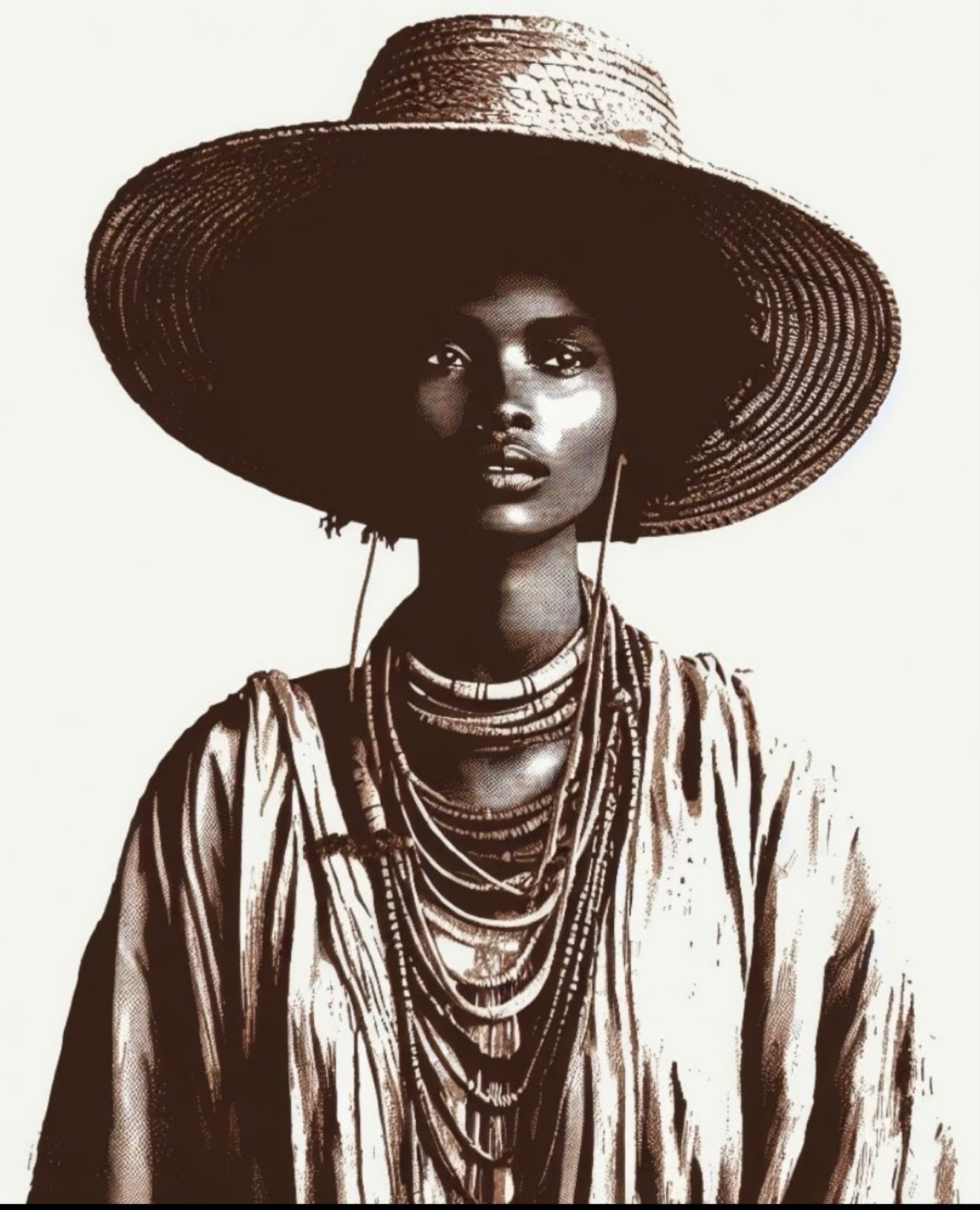 Sepia artwork of a woman in a broad straw hat with layered necklaces