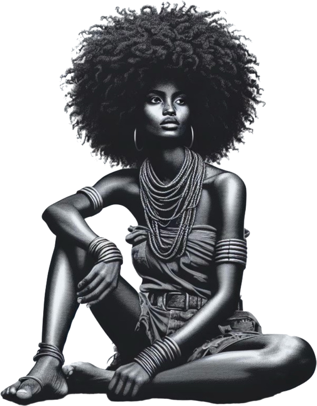 Black-and-white seated figure illustration with a natural afro and layered jewelry