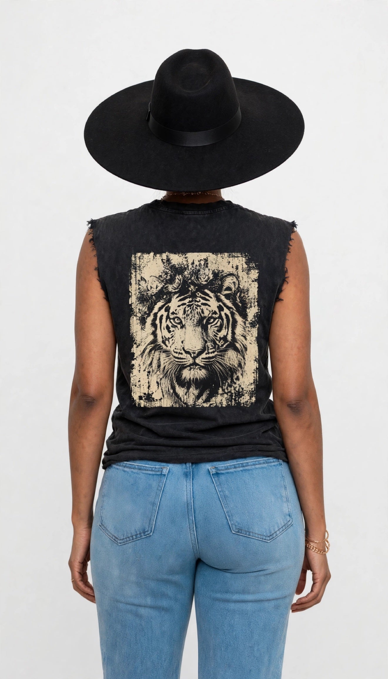 Back view of Erica modeling the large tiger graphic tee