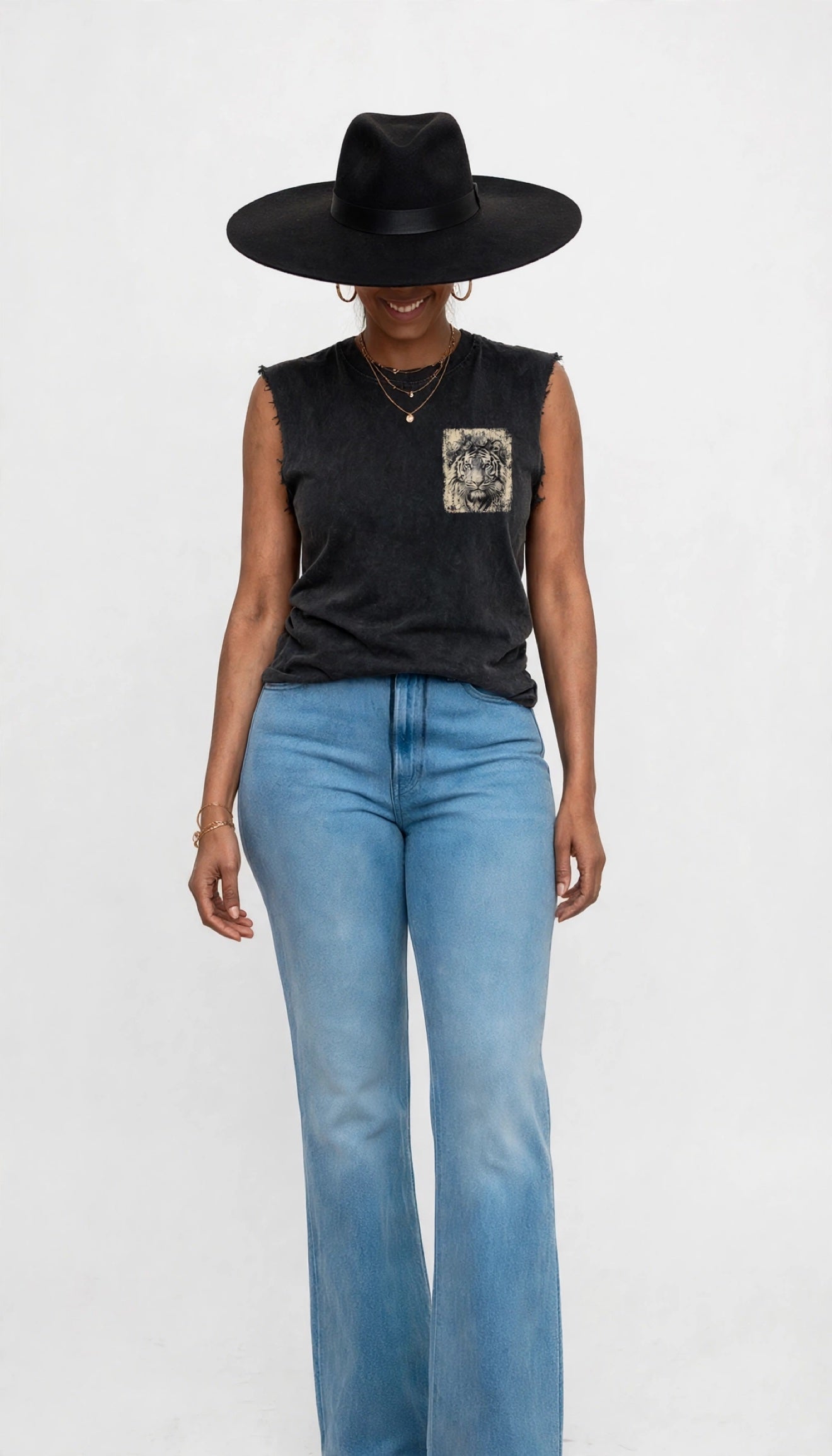 Front view of Erica modeling the tiger graphic tee